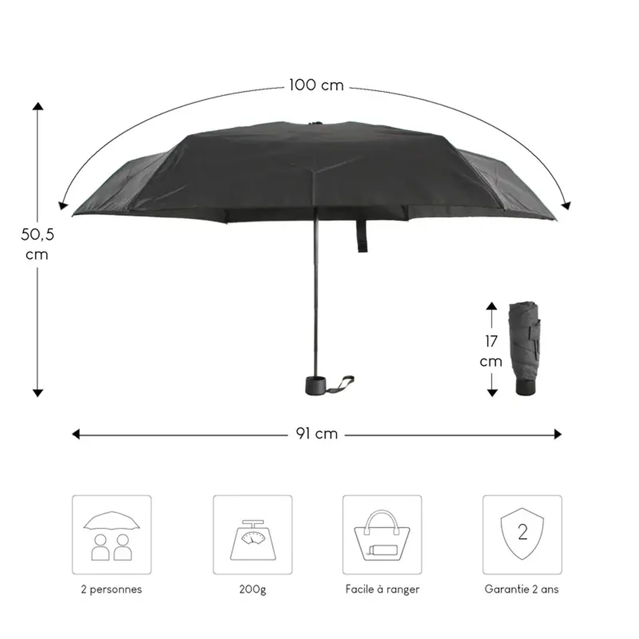 Voir la diapositive 3 : Alistair Parapluie ultra compact et resistant - Anti vent et retournement - ALISTAIR - Marque francaise garantie 1 an