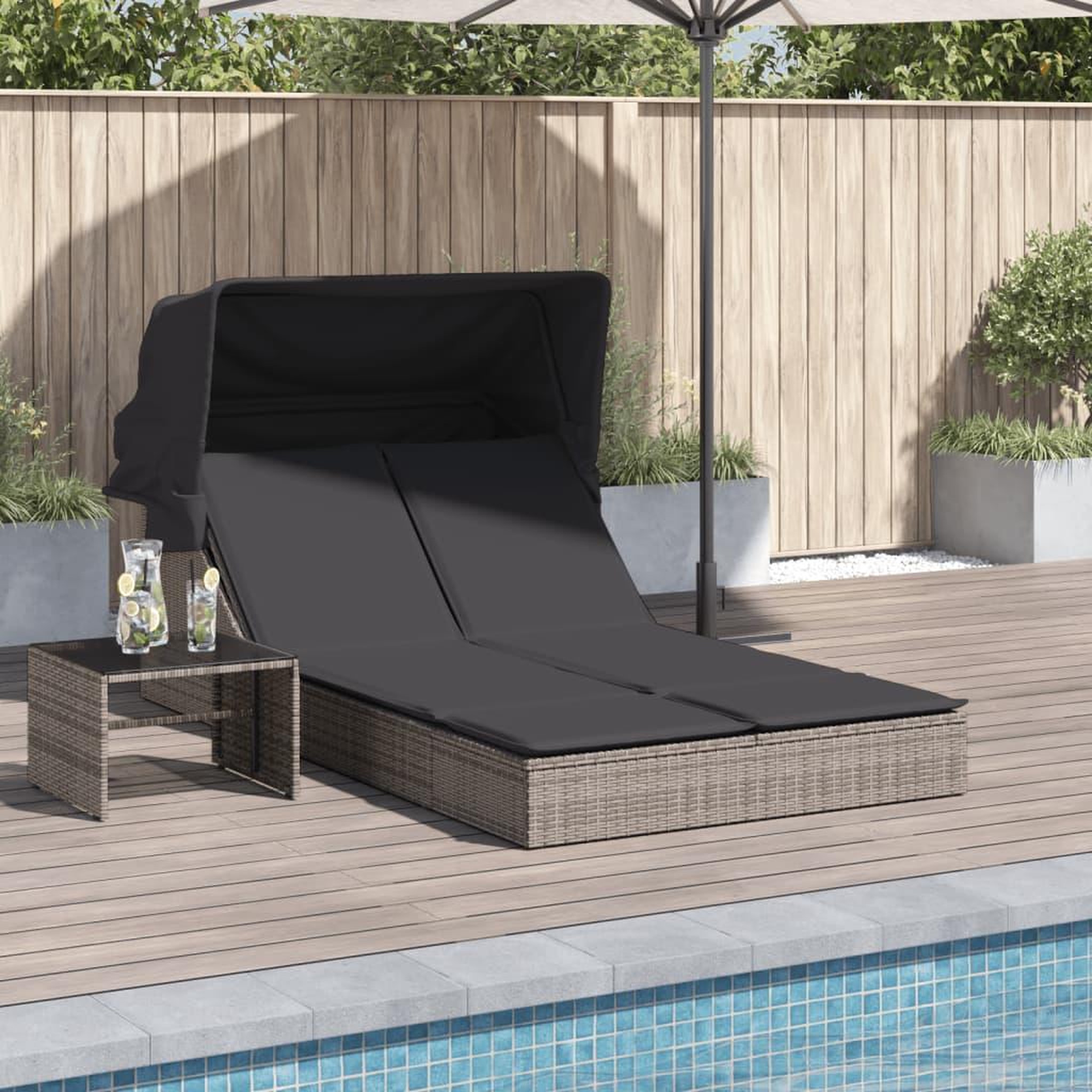 VIDAXL Chaise longue double et auvent et coussins gris resine tressee