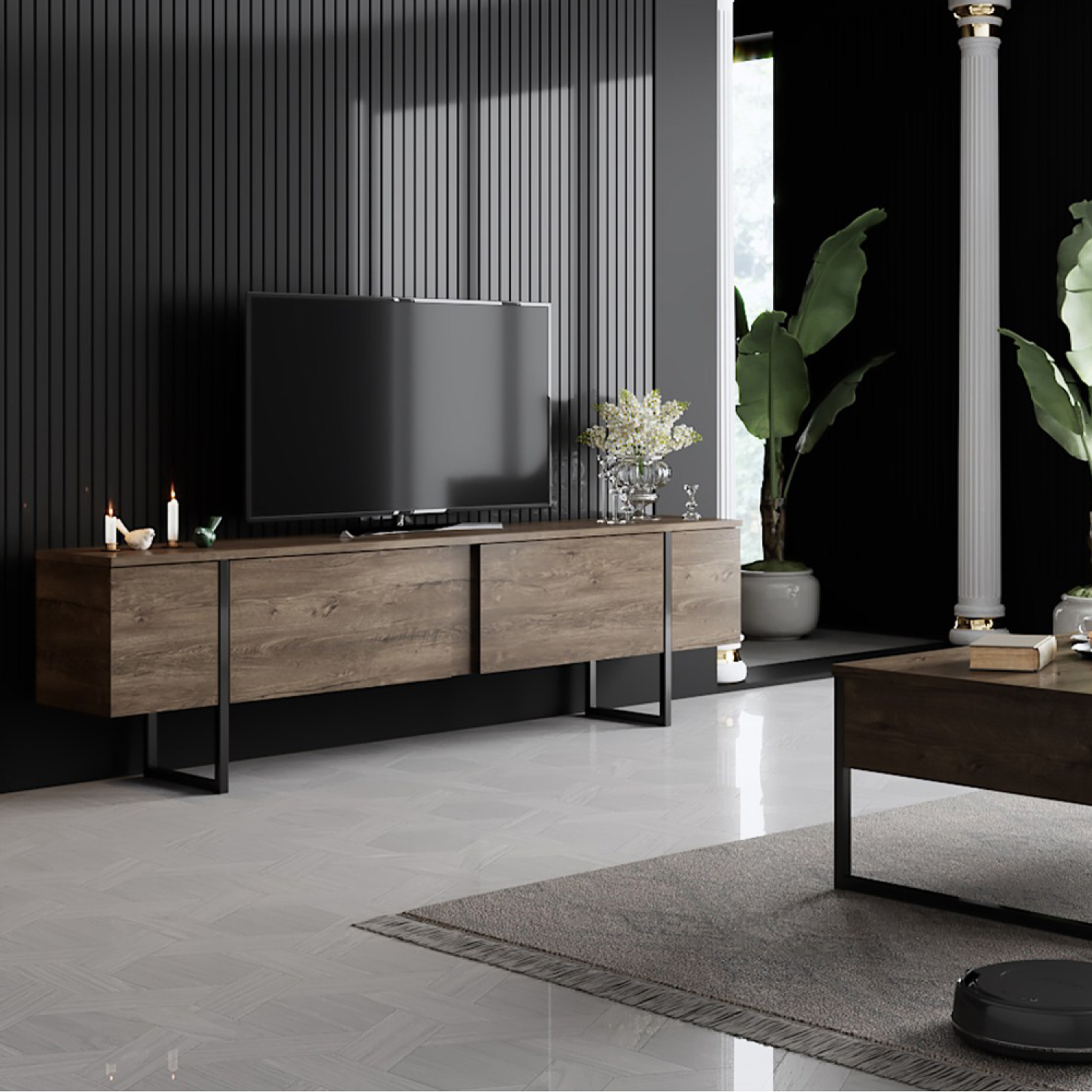Voir la diapositive 5 : CONCEPT USINE Meuble tv avec placards aspect bois de noyer et détails noirs 180cm fropa