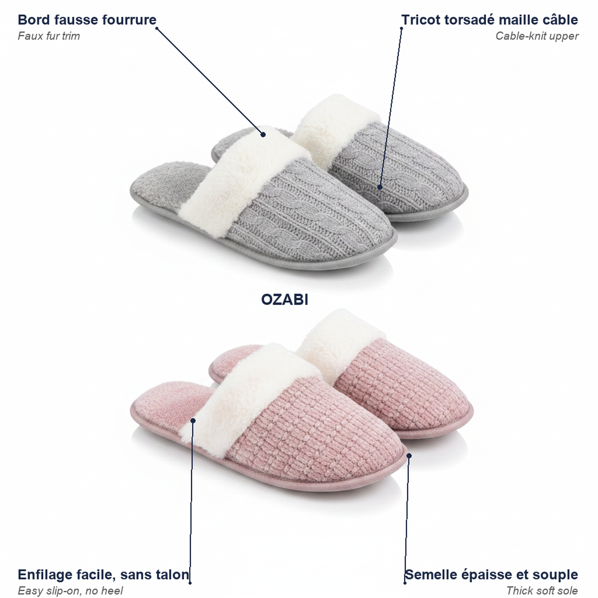 Voir la diapositive 5 : OZABI Ozabi pack 2 paires mules femme tricot torsadé bord fausse fourrure