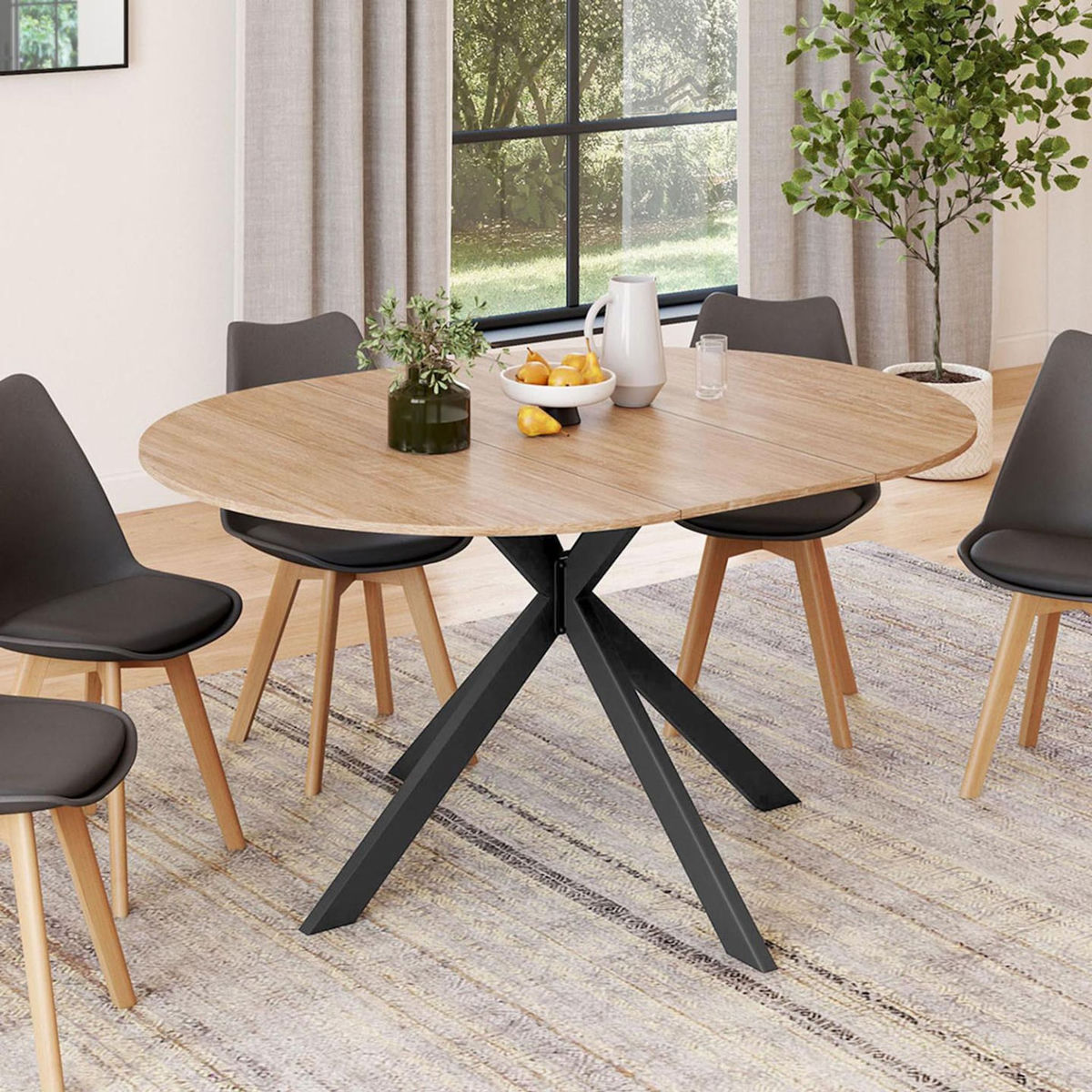 ID MARKET Table à manger extensible ronde ALIX 4-8 personnes pied araignée bois et noir 110-150 cm