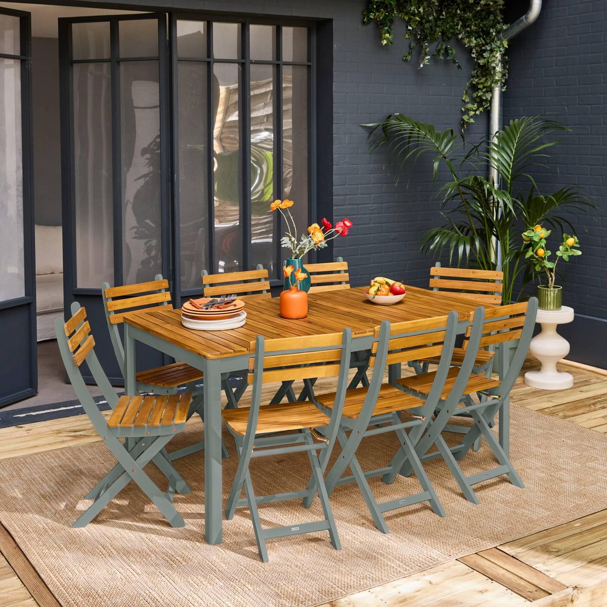 SWEEEK Table de jardin acacia avec coins arrondis, 8 chaises, 160 x 90 x 75 cm