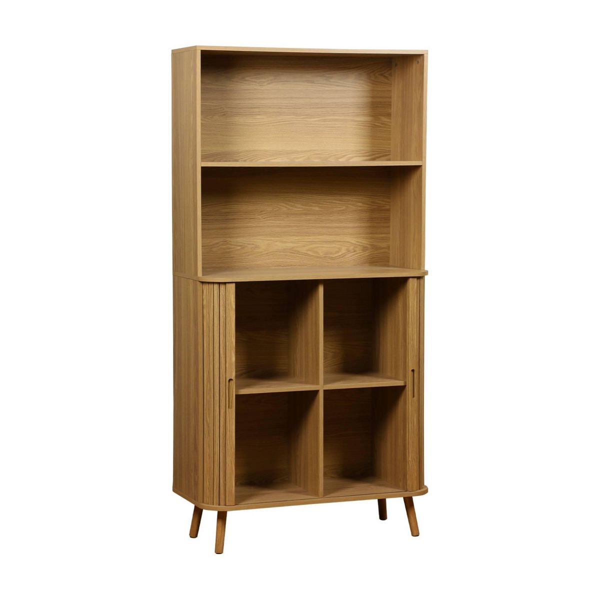 SWEEEK Etagère bibliothèque scandinave. 2 portes coulissantes. 4 niveaux. effet bois rainuré. L 80 x P 45 x H 180cm