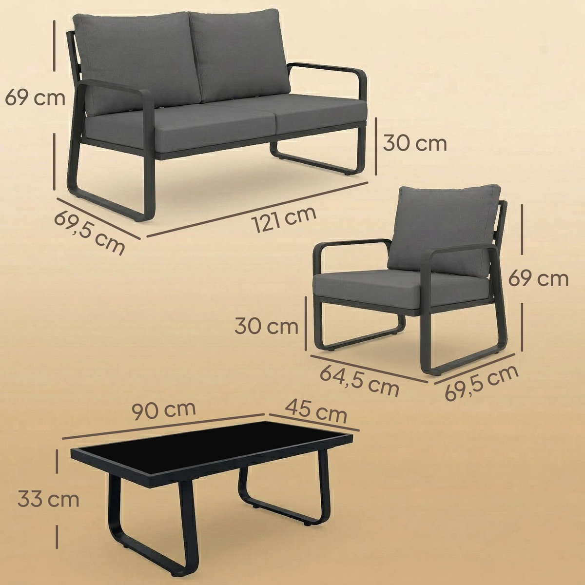 OUTSUNNY Salon de jardin design noir 4 places 4 pièces épais coussins déhoussables