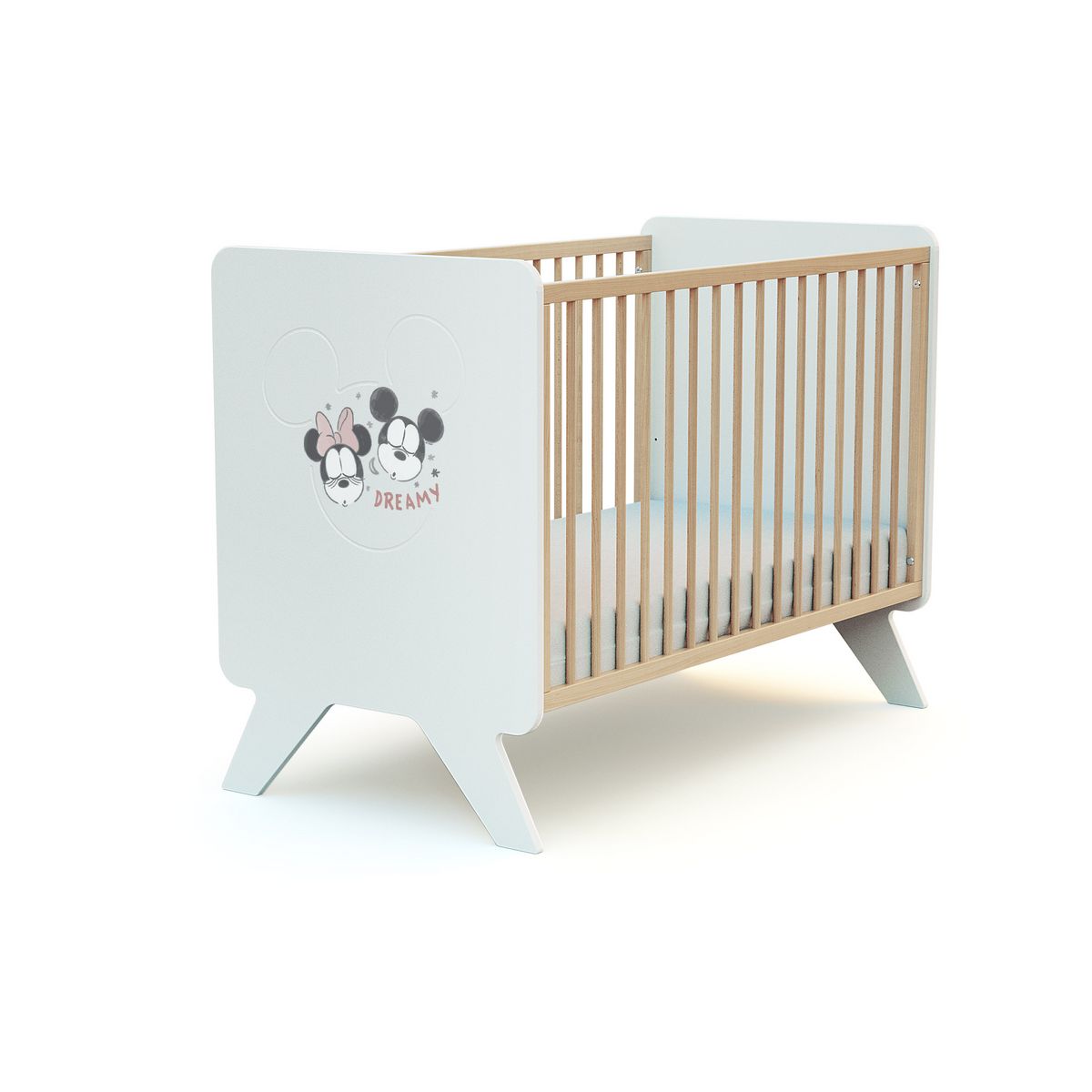 AT4 Ensemble lit bébé 60x120 cm et commode à langer 2 portes MICKEY ET MINNIE DISNEY Blanc et Hêtre