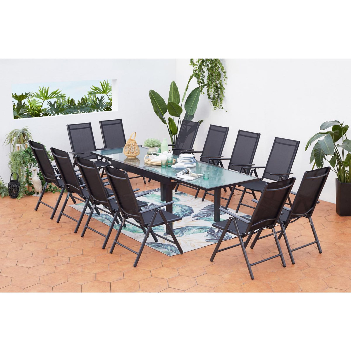 CONCEPT USINE Table de jardin extensible 12 fauteuils en alu et toile PVC BRESCIA