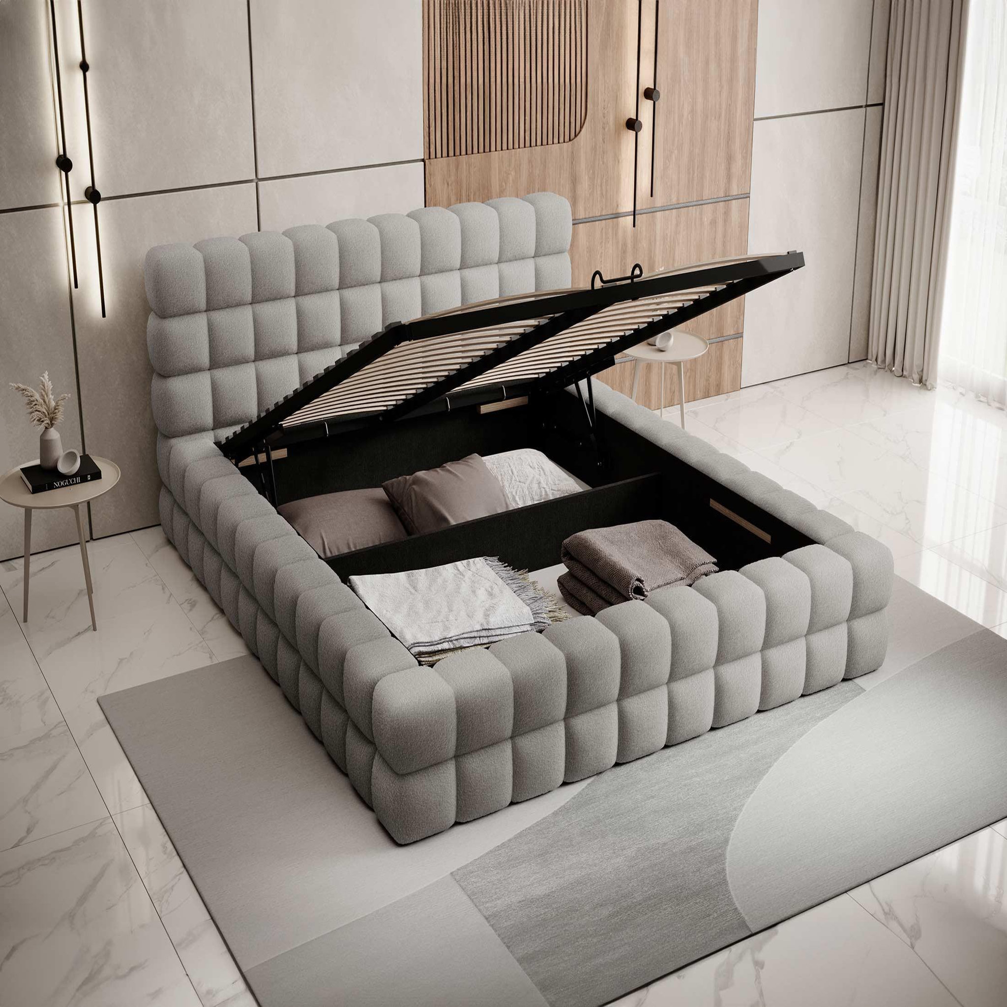 Voir la diapositive 2 : BEST MOBILIER Kingston - lit coffre - 140x200 - sommier inclus - en tissu bouclette