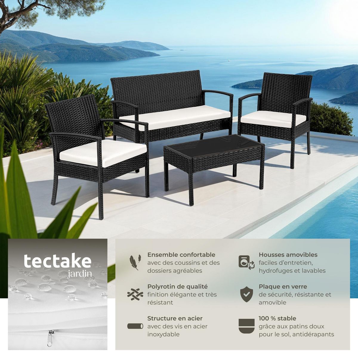 tectake Salon de jardin pour 4 personnes noir