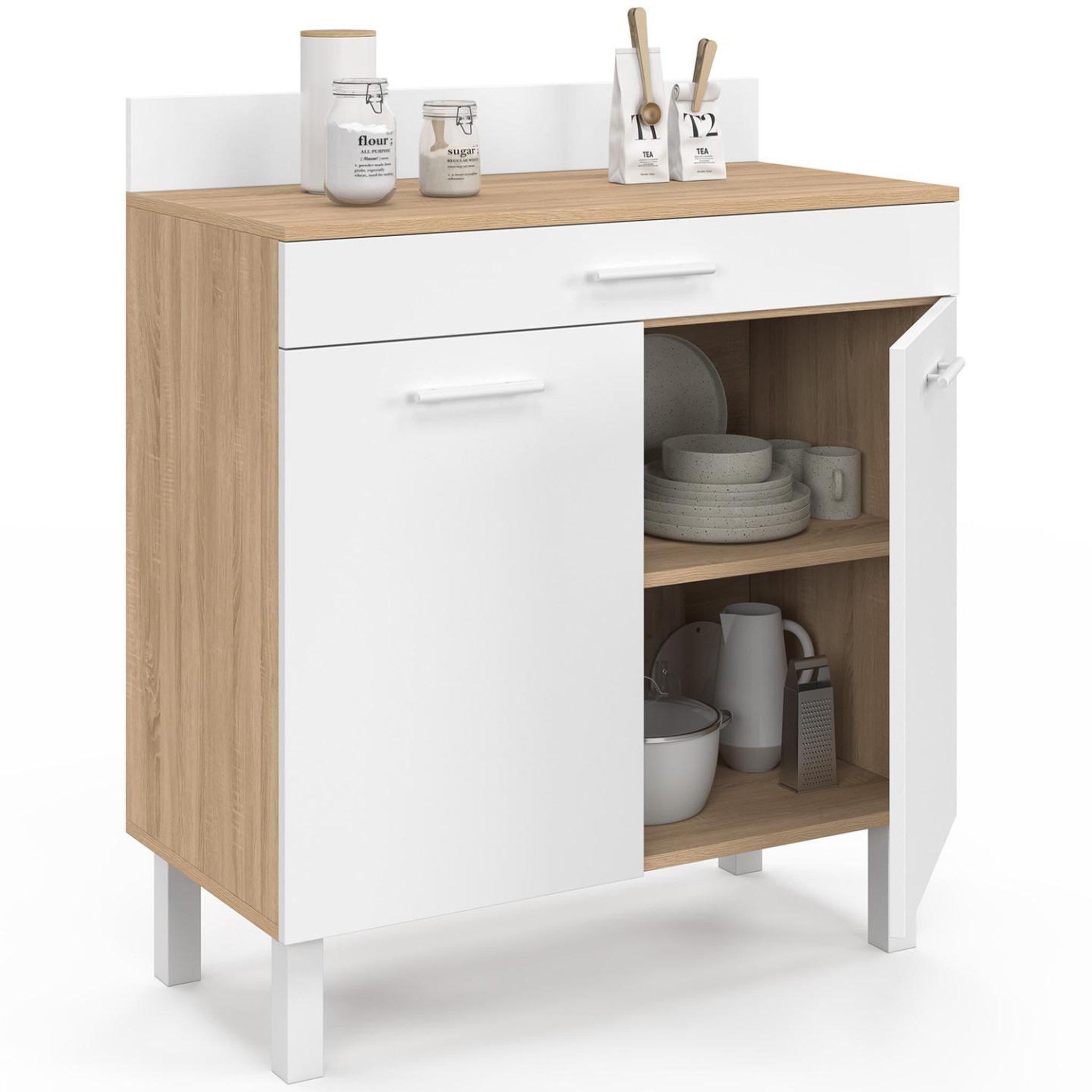 Voir la diapositive 4 : ID MARKET Buffet bas de cuisine 80 cm cina plan de travail h.83 cm 2 portes + tiroir façon hêtre et blanc