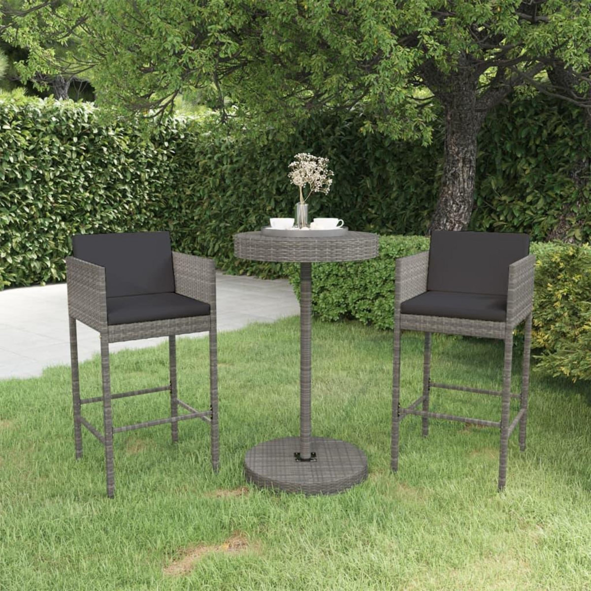VIDAXL Ensemble de bar de jardin 3 pcs et coussins Resine tressee Gris