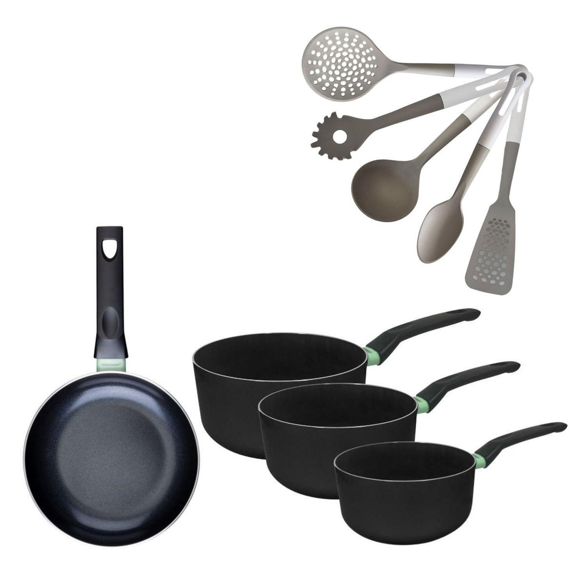 Fackelmann Lot Poêle 24cm et 3 Casseroles 16/18/20 cm sans PFAS Fackelmann Brandao avec 5 ustensiles Fackelmann
