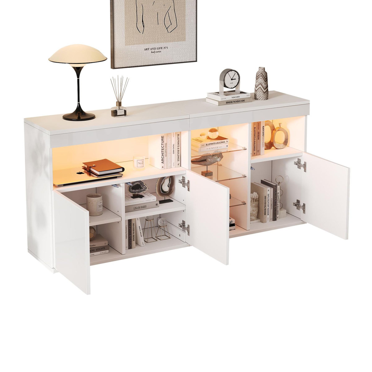 MERAX Buffet 3 porte(s) 0 tiroir(s) - 155,5 cm blanc led panneau de particules