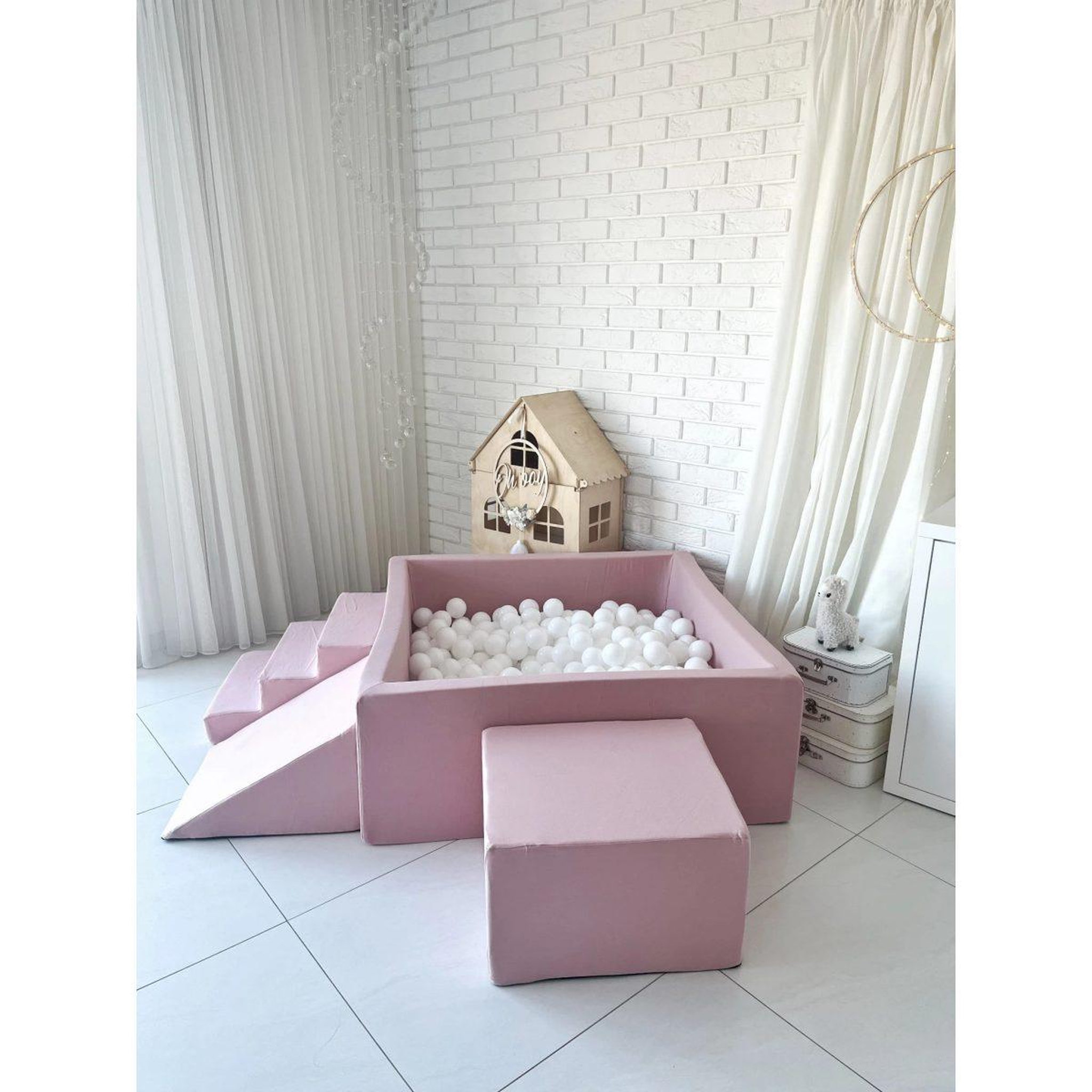 Voir la diapositive 2 : MONIO FOR KIDS Piscine à balles carrée 106 x 106 x 40 cm avec modules en mousse avec 400 balles — Powder pink