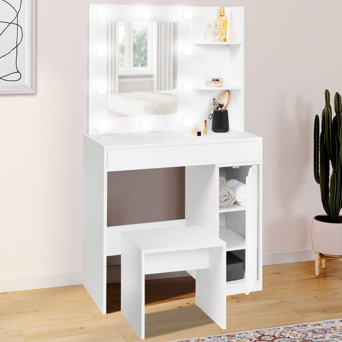 ID MARKET Coiffeuse ZELIA miroir LED avec 1 tiroir, étagères, caisson de rangement et tabouret