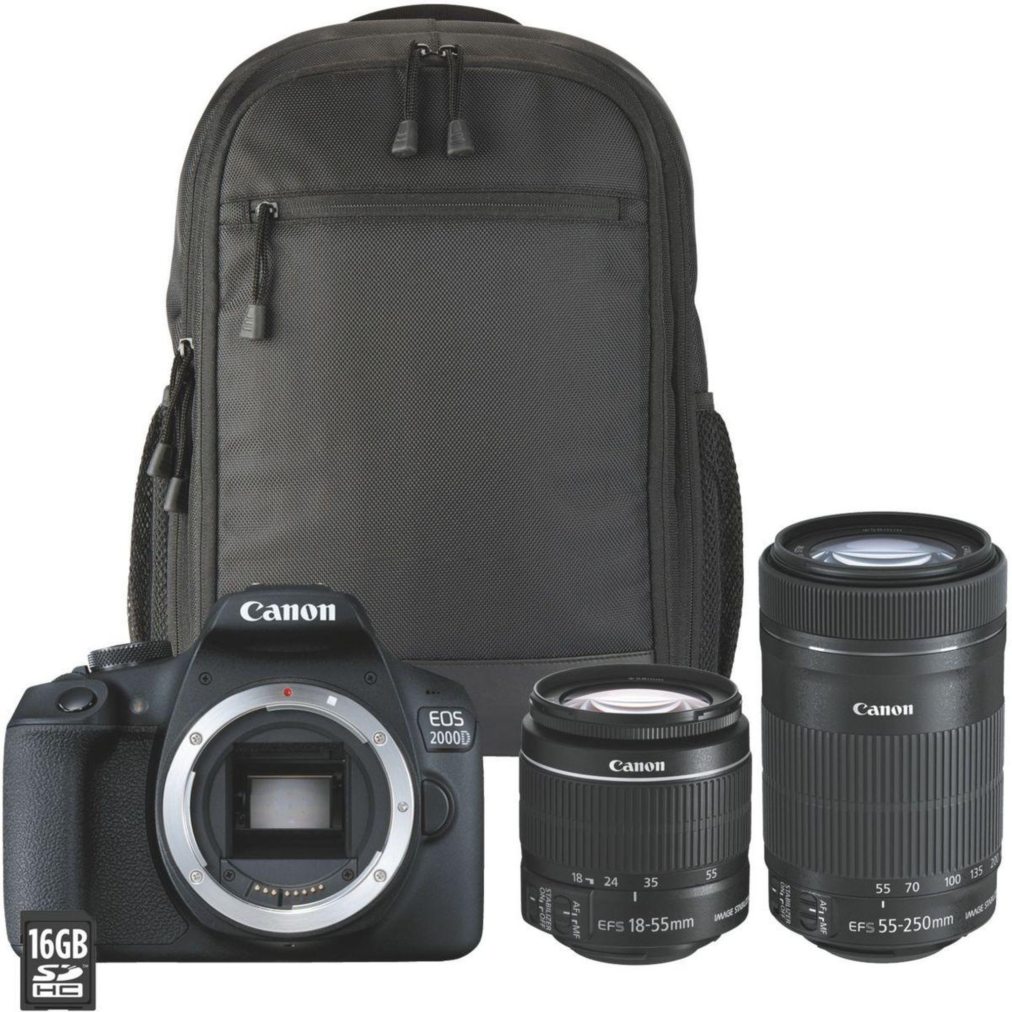 Voir la diapositive 1 : Canon Appareil photo Reflex EOS 2000D+18-55mm+55-250mm+Etui+16Go