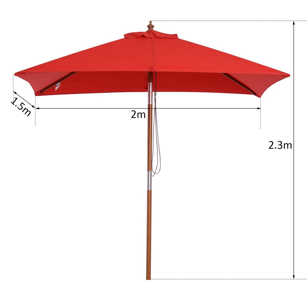 OUTSUNNY Parasol rectangulaire inclinable bois polyester haute densité 2L x 1,5l x 2,3H m rouge