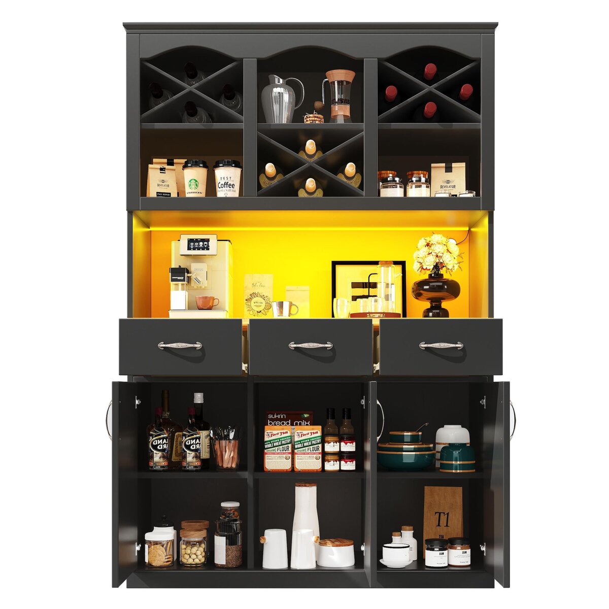 MERAX Buffet de cuisine 3 portes 3 tiroirs - 120 cm noir led mdf