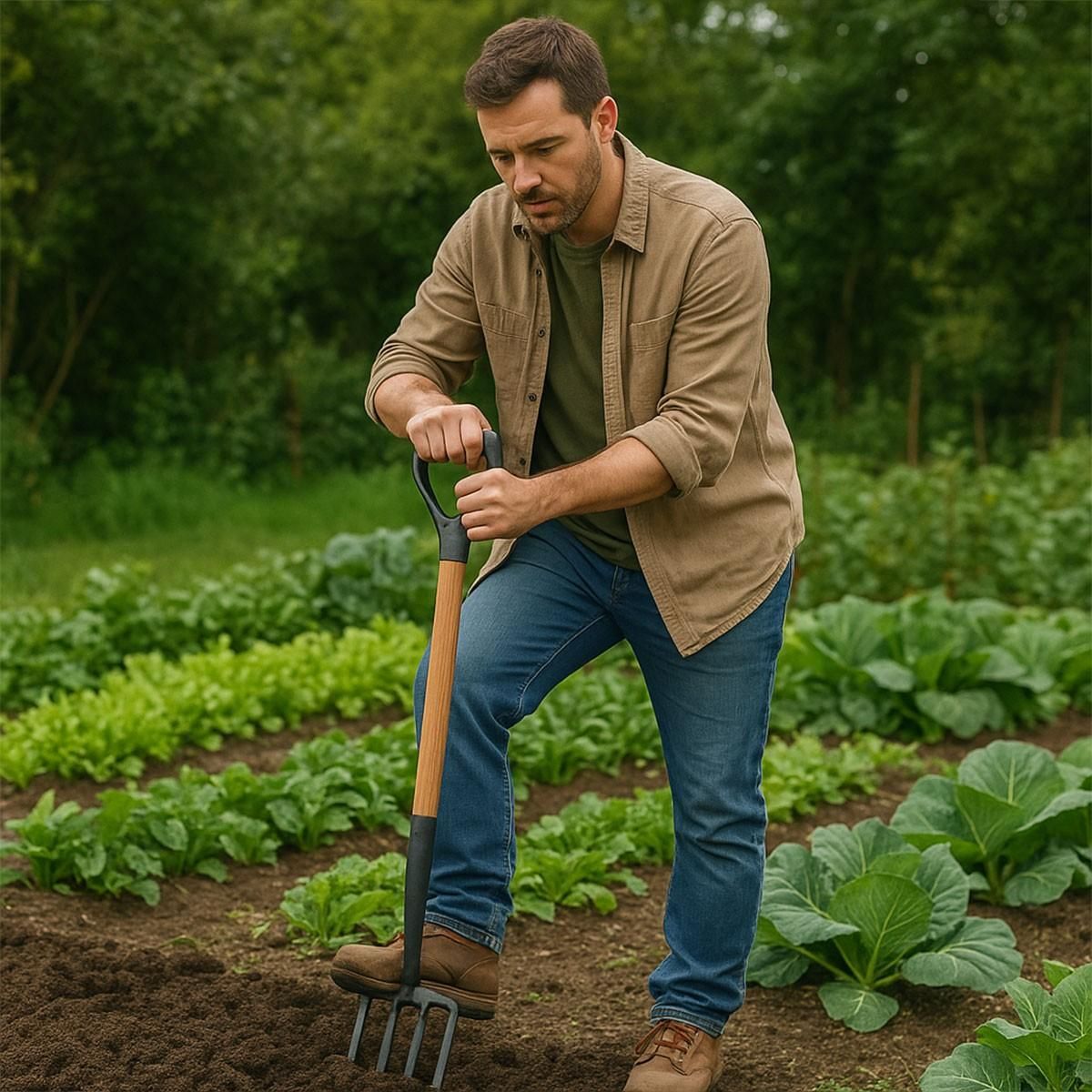 VITO Fourche de jardin 4 dents avec manche en bois et poignée en Y VITO