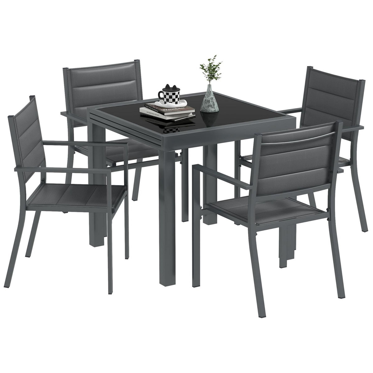 OUTSUNNY Ensemble de jardin 4 personnes chaises empilables table extensible 80/160L cm alu. teslin antracite