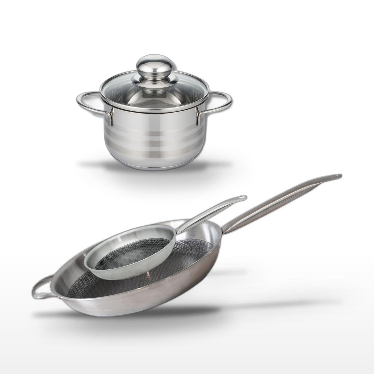 ELO Batterie de cuisine avec 2 poêles de cuisson 24/32 cm et 1 faitout 12 cm en acier inoxydable sans PFAS Elo Collection Relief Solution Brillant