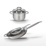 ELO Batterie de cuisine avec 2 poêles de cuisson 24/32 cm et 1 faitout 12 cm en acier inoxydable sans PFAS Elo Collection Relief Solution Brillant