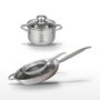 Voir la diapositive 1 : ELO Batterie de cuisine avec 2 poêles de cuisson 24/32 cm et 1 faitout 12 cm en acier inoxydable sans PFAS Elo Collection Relief Solution Brillant