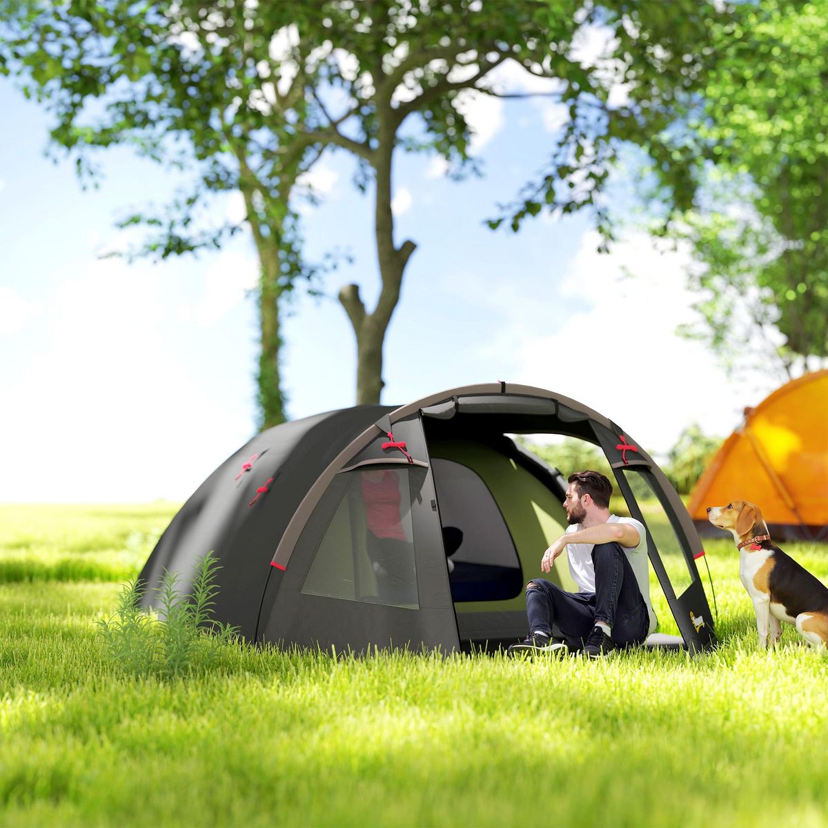 OUTSUNNY Tente camping 2-4 places - tente tunnel familiale - imperméabilité 3000mm - dim. 3,6 x 2,5 x 1,3 m - sac inclus - noir