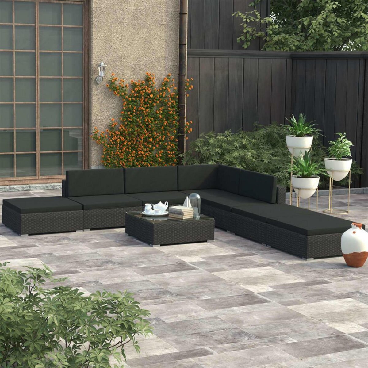 VIDAXL Salon de jardin 8 pcs avec coussins resine tressee noir