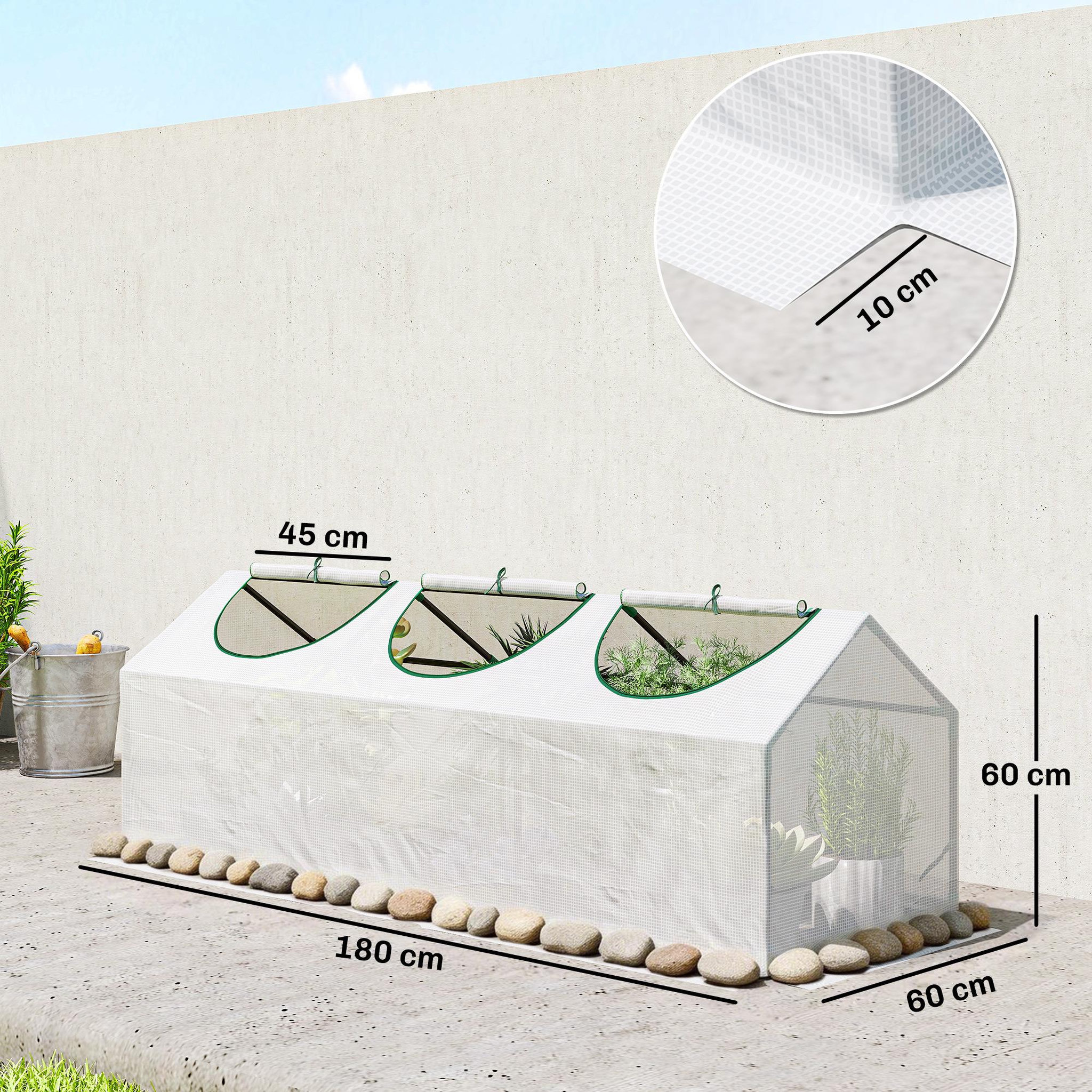 Voir la diapositive 3 : OUTSUNNY Mini serre de jardin serre à tomates 180 x 60 x 60 cm 3 fenêtres zippées enroulables acier thermolaqué pe haute densité blanc