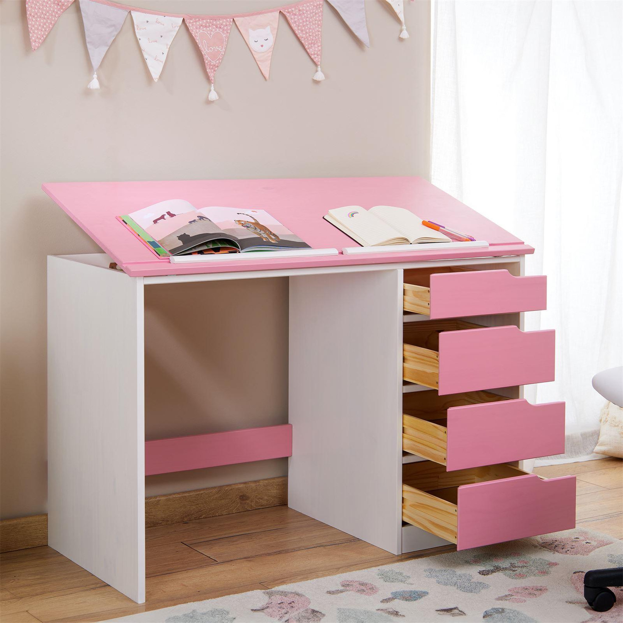 Voir la diapositive 4 : IDIMEX Bureau enfant EMMA, en pin massif, 4 tiroirs et plateau inclinable