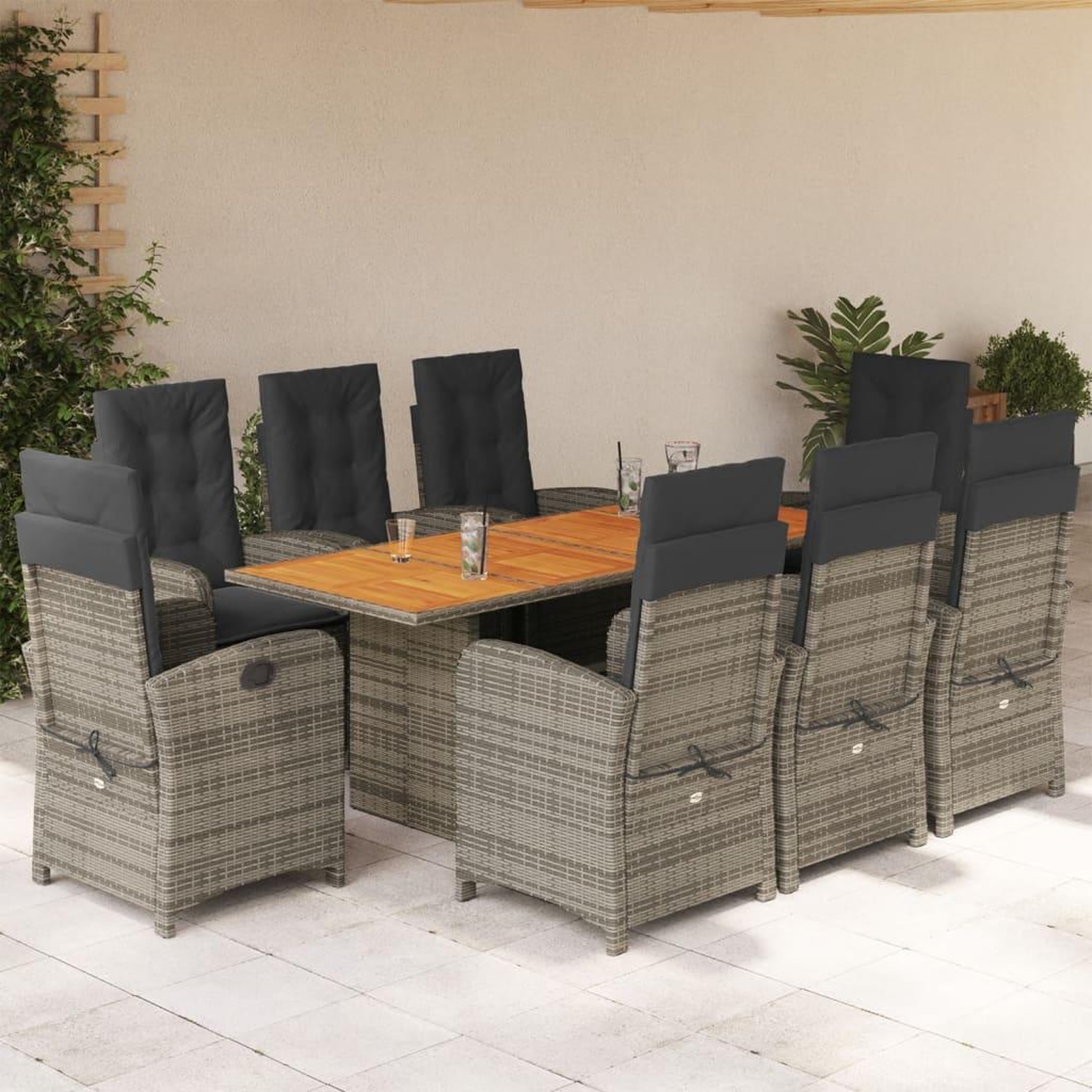 VIDAXL Ensemble a manger de jardin 9 pcs coussins gris resine tressee