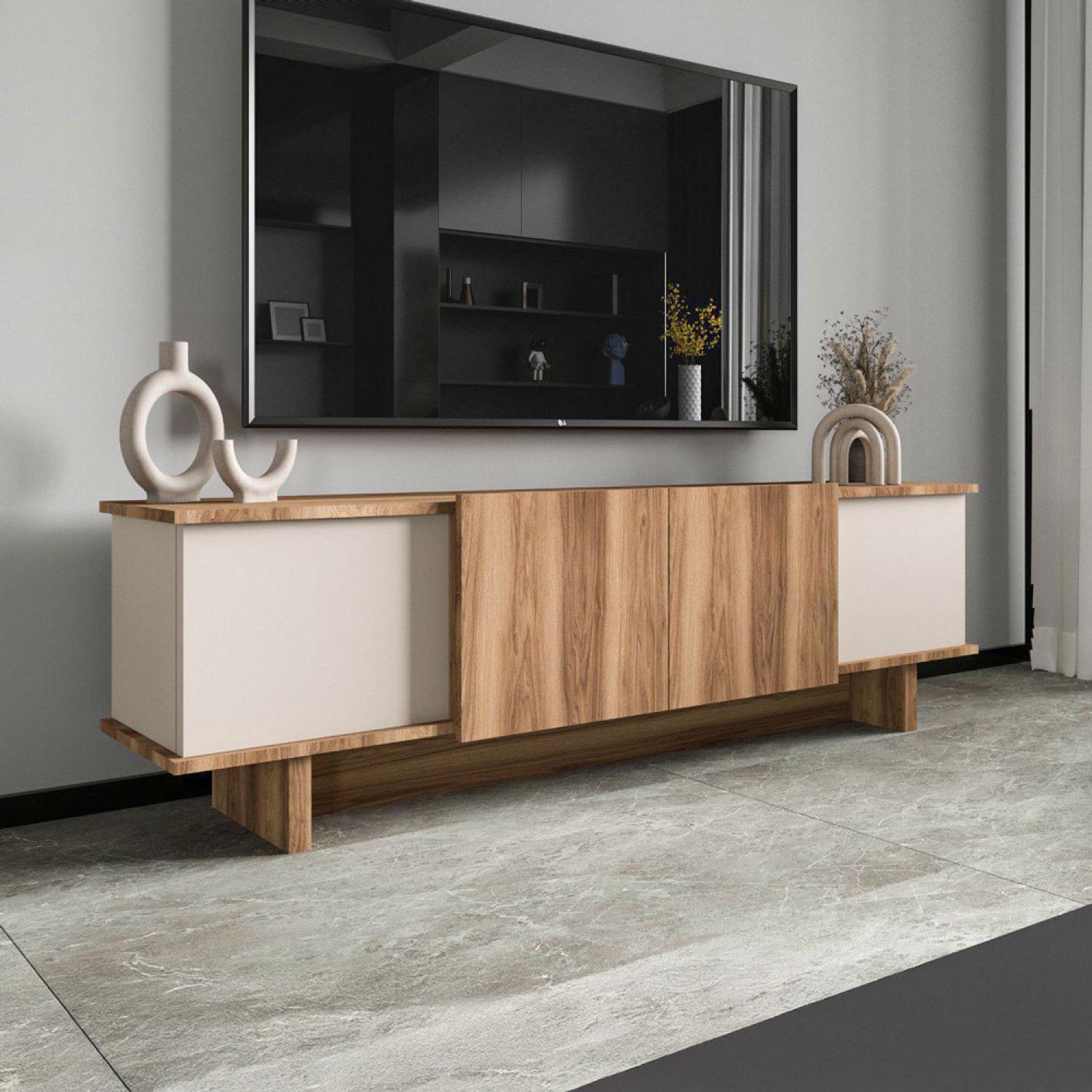 Voir la diapositive 4 : CONCEPT USINE Meuble tv design avec placards aspect bois et beige 180cm brona