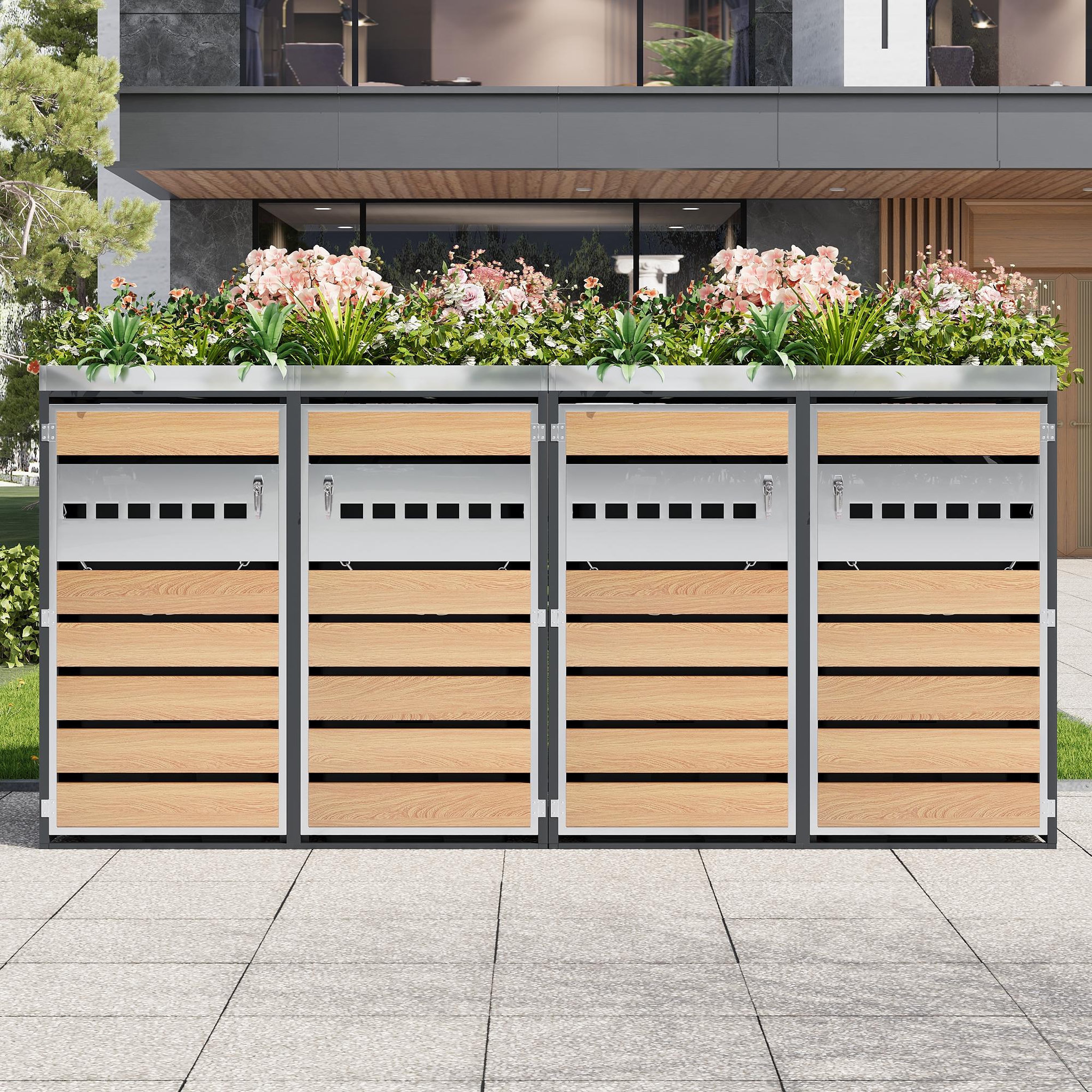 Voir la diapositive 4 : MERAX Cache Poubelle Extérieur Lot de 2 avec Bac à Plantes, Gris