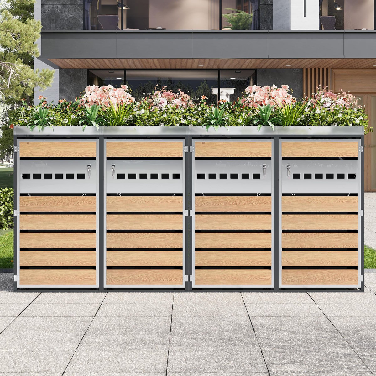 MERAX Cache Poubelle Extérieur Lot de 2 avec Bac à Plantes, Gris