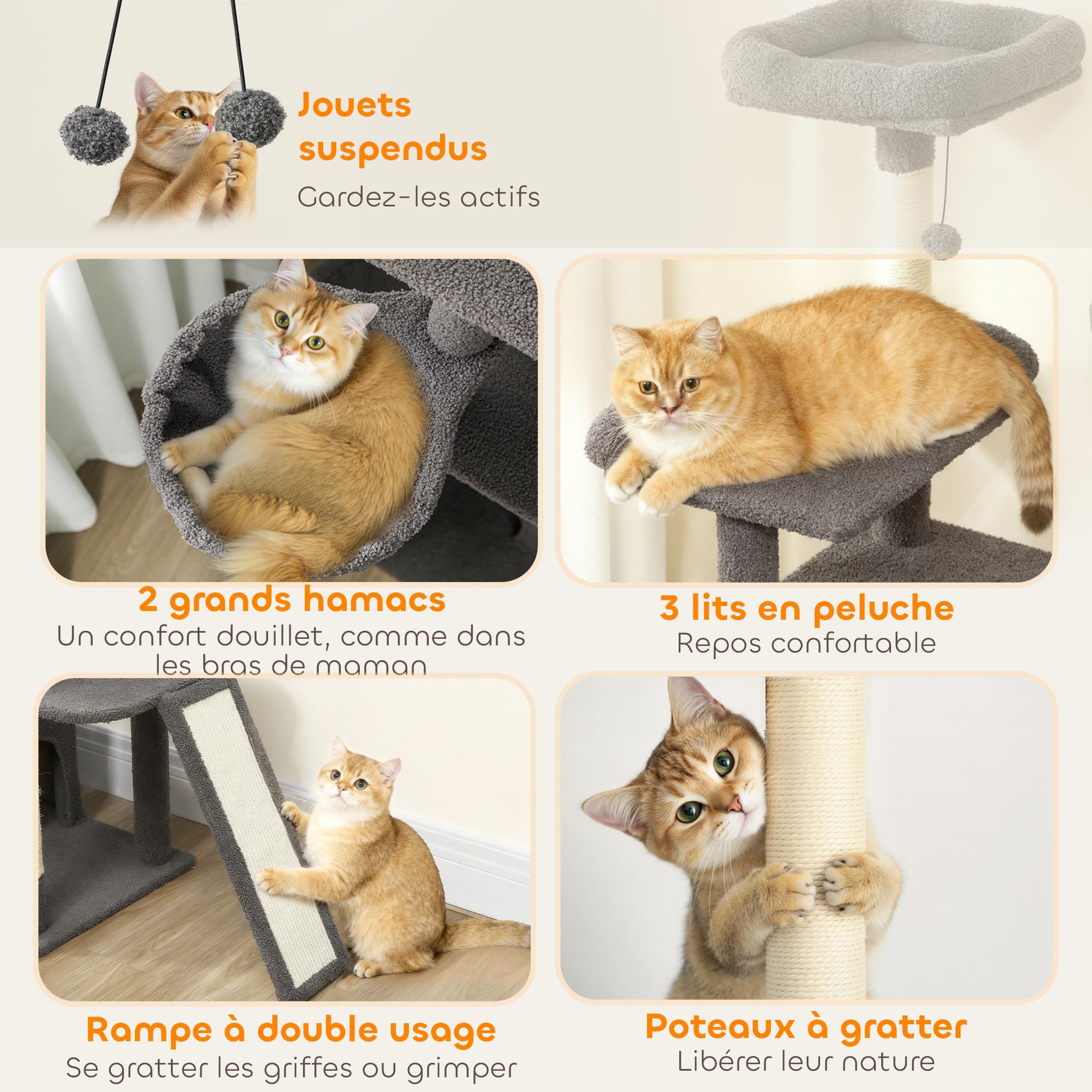 Voir la diapositive 6 : PAWHUT Arbre à chat grande taille h.174cm plateformes hamacs jouets griffoirs grattoirs peluche gris