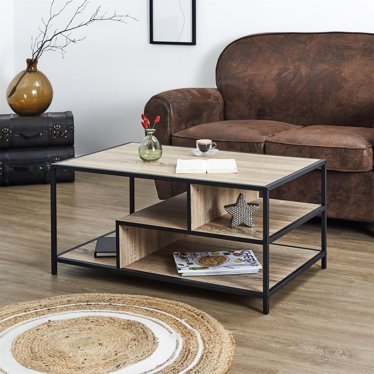 The Home Deco Factory Table basse avec rangements EDISON - Marron et noir