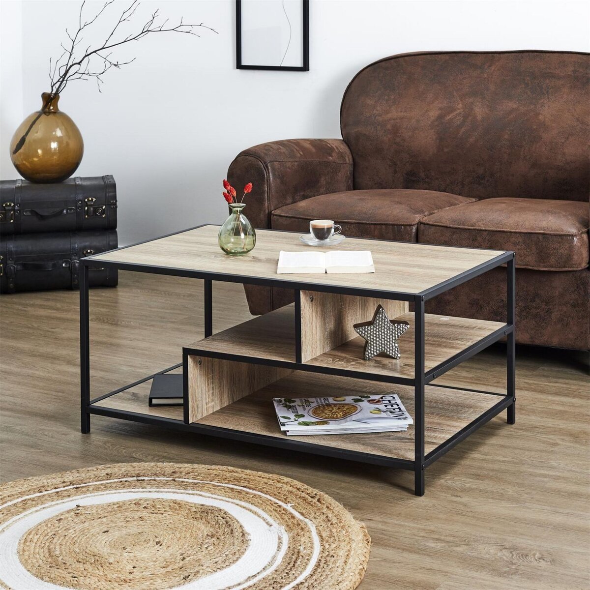 The Home Deco Factory Table basse avec rangements EDISON - Marron et noir