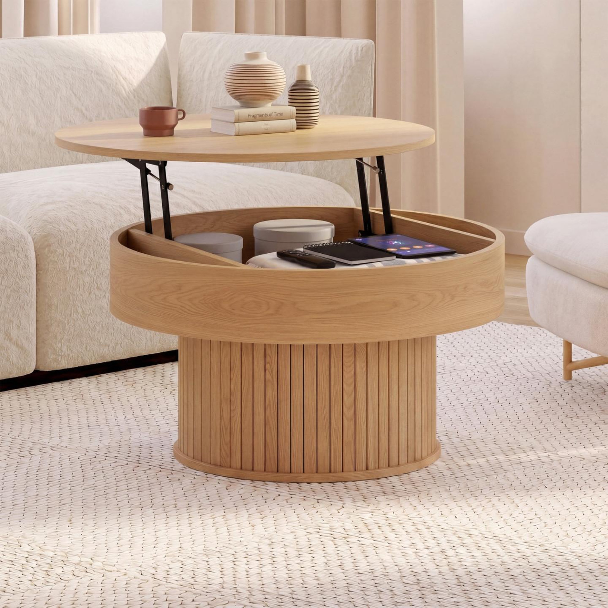 Voir la diapositive 2 : ID MARKET Table basse plateau relevable ronde juliette 70 cm lattes tasseau bois coloris chêne