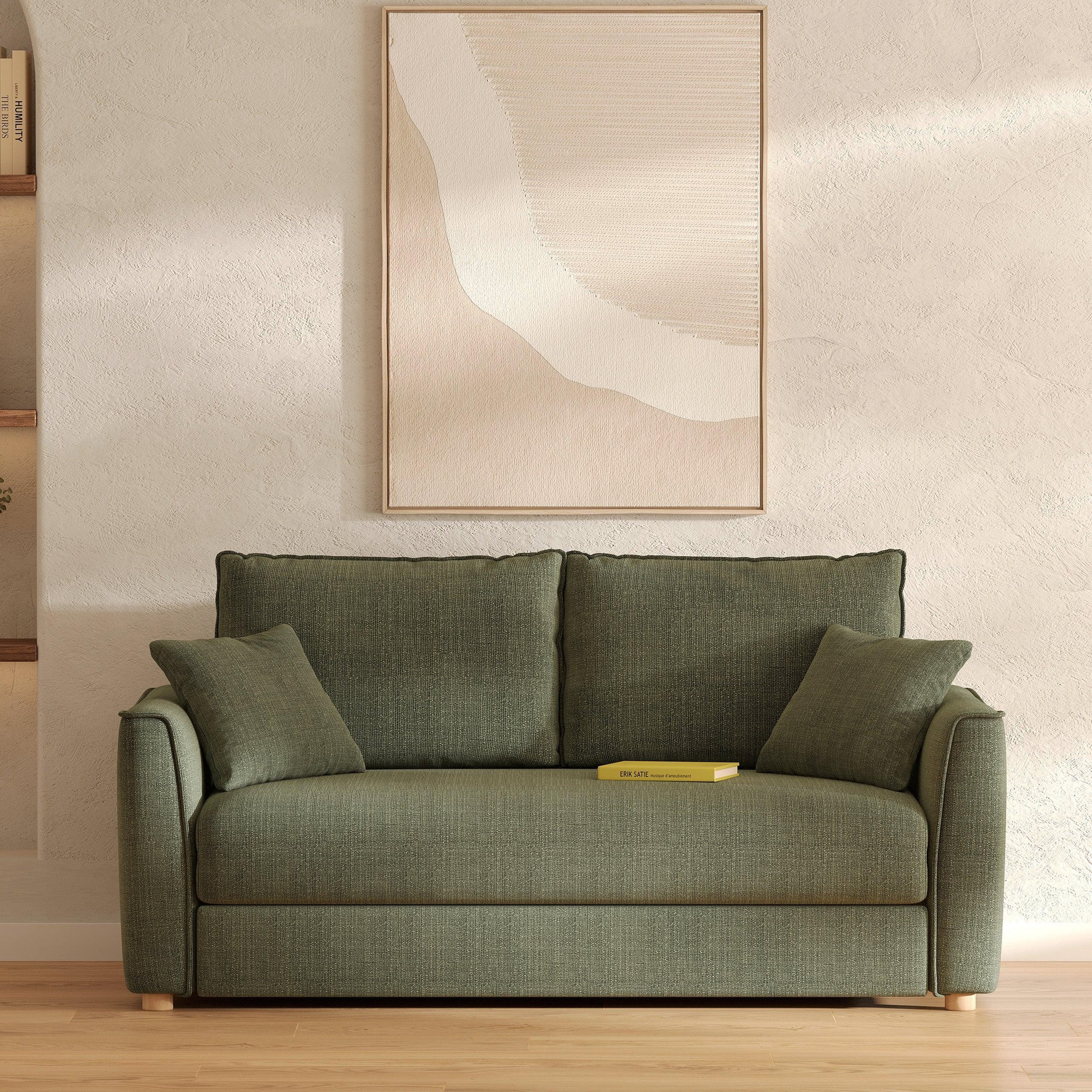 Voir la diapositive 2 : MAISON PAVANE Canapé convertible 2 places en tissu texturé vert kaki-olympe