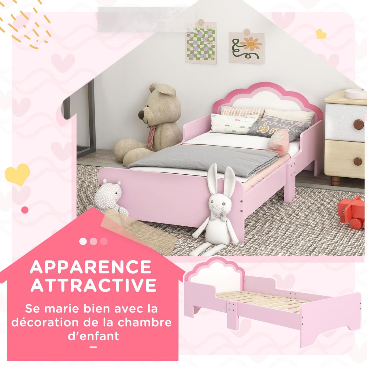 HOMCOM Lit enfant design girly motif nuage - sommier à lattes inclus - MDF contreplaqué rose blanc