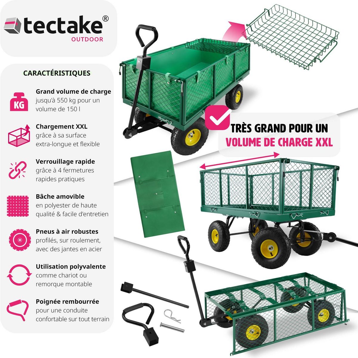 tectake Chariot de jardin chariot de transport avec des parois latérales rabattables vert