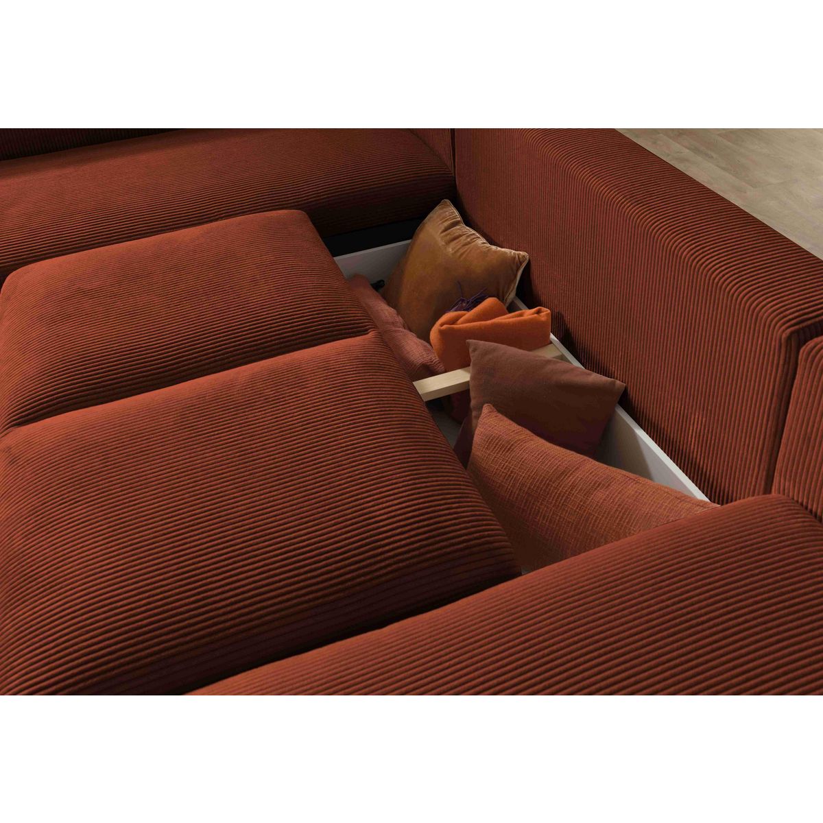 LISA DESIGN Livy - canapé panoramique convertible - avec coffre - en velours côtelé - 7 places - gauche