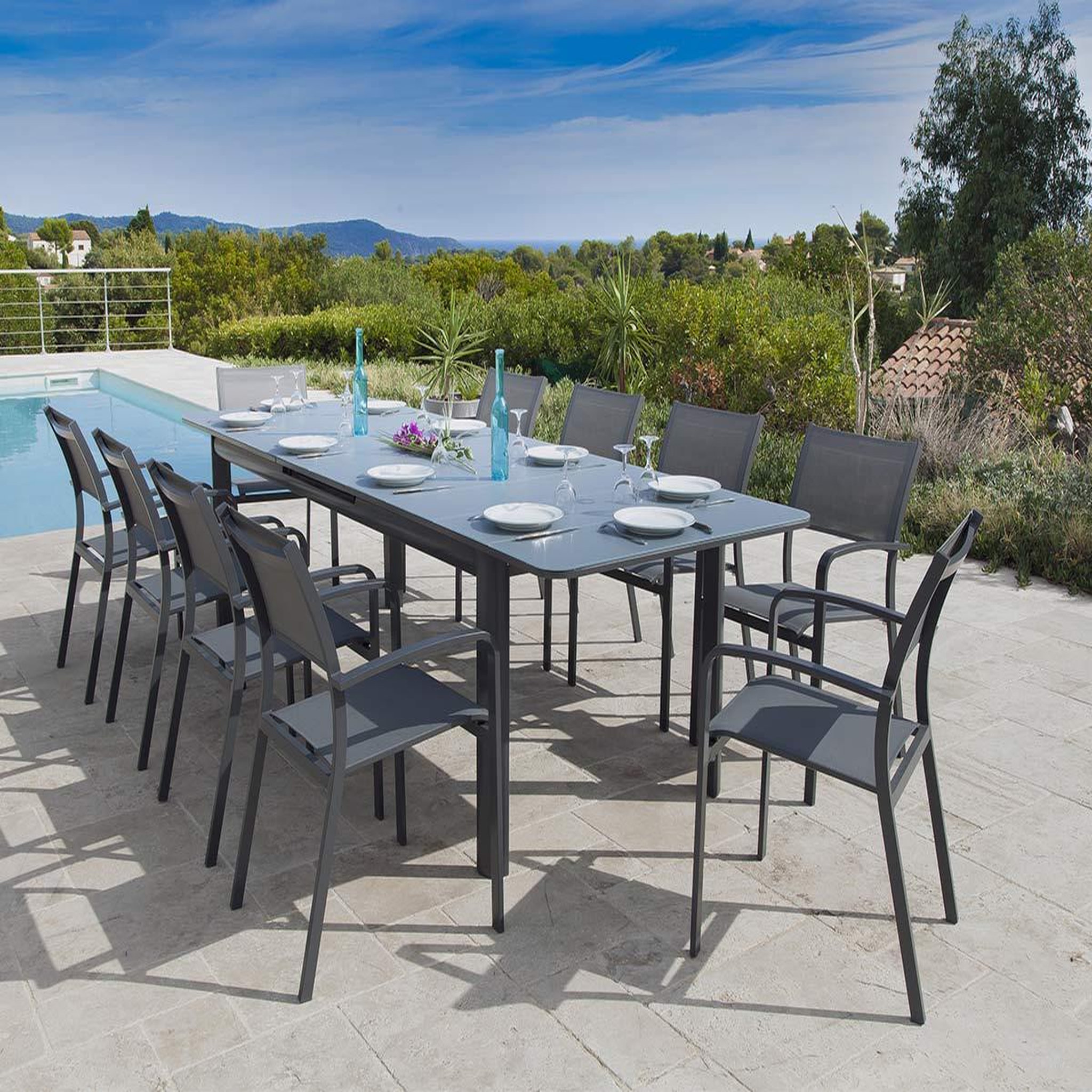 Jardiline Table de jardin rectangulaire extensible en aluminium Milos Anthracite 8/10 places - Jardiline