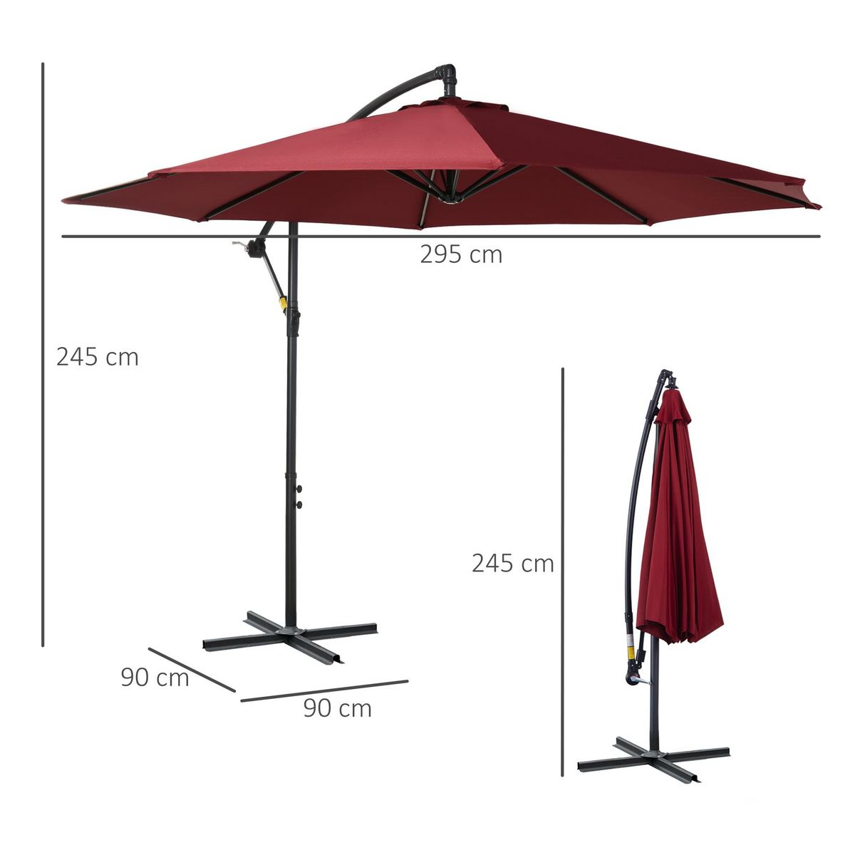 OUTSUNNY Parasol déporté octogonal inclinable manivelle pied acier Ø 3 x 2,5H m bordeaux