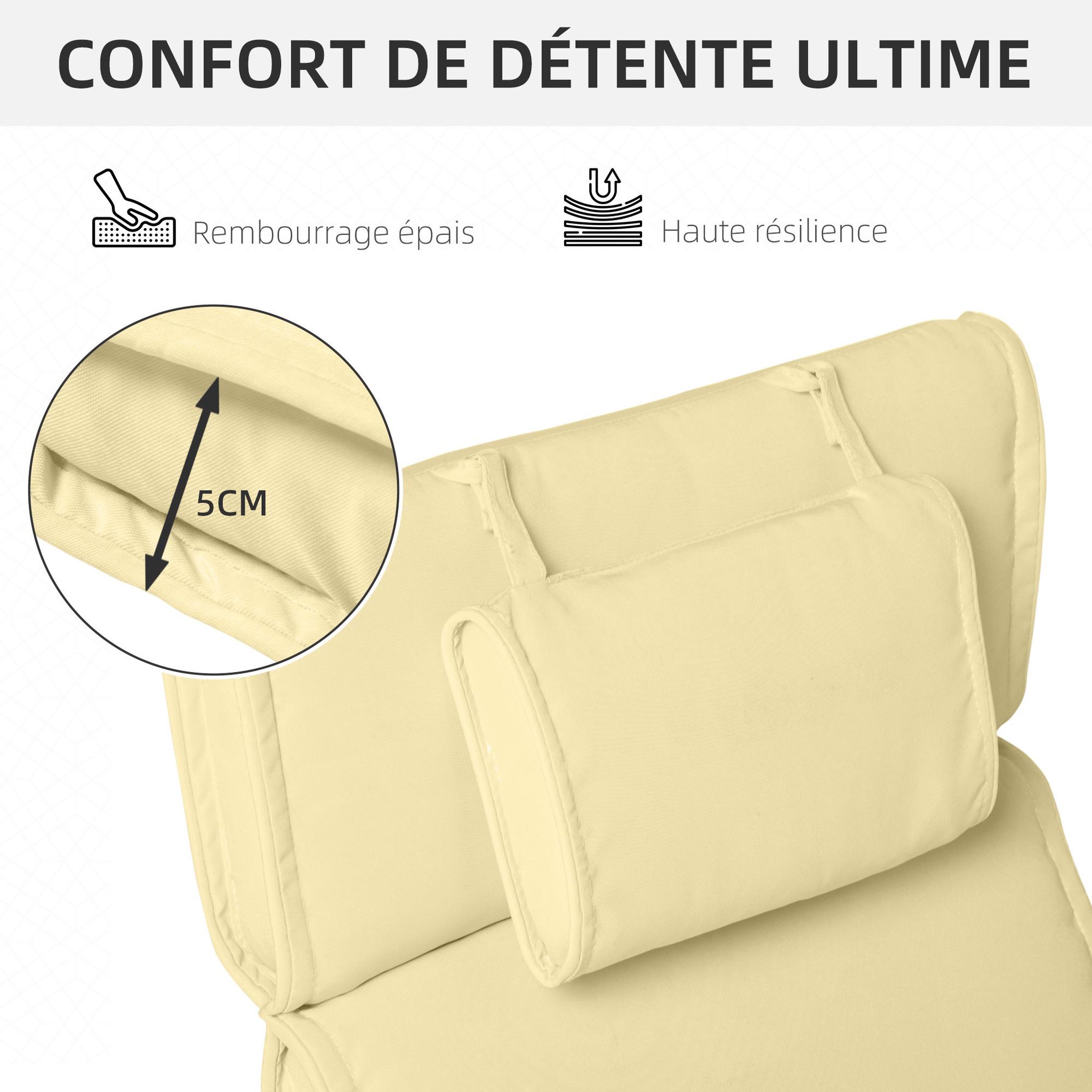 Voir la diapositive 6 : OUTSUNNY Matelas bain de soleil déhoussable - coussin de transat - matelas de chaise longue - 198 x 53 x 5 cm - tissu sable