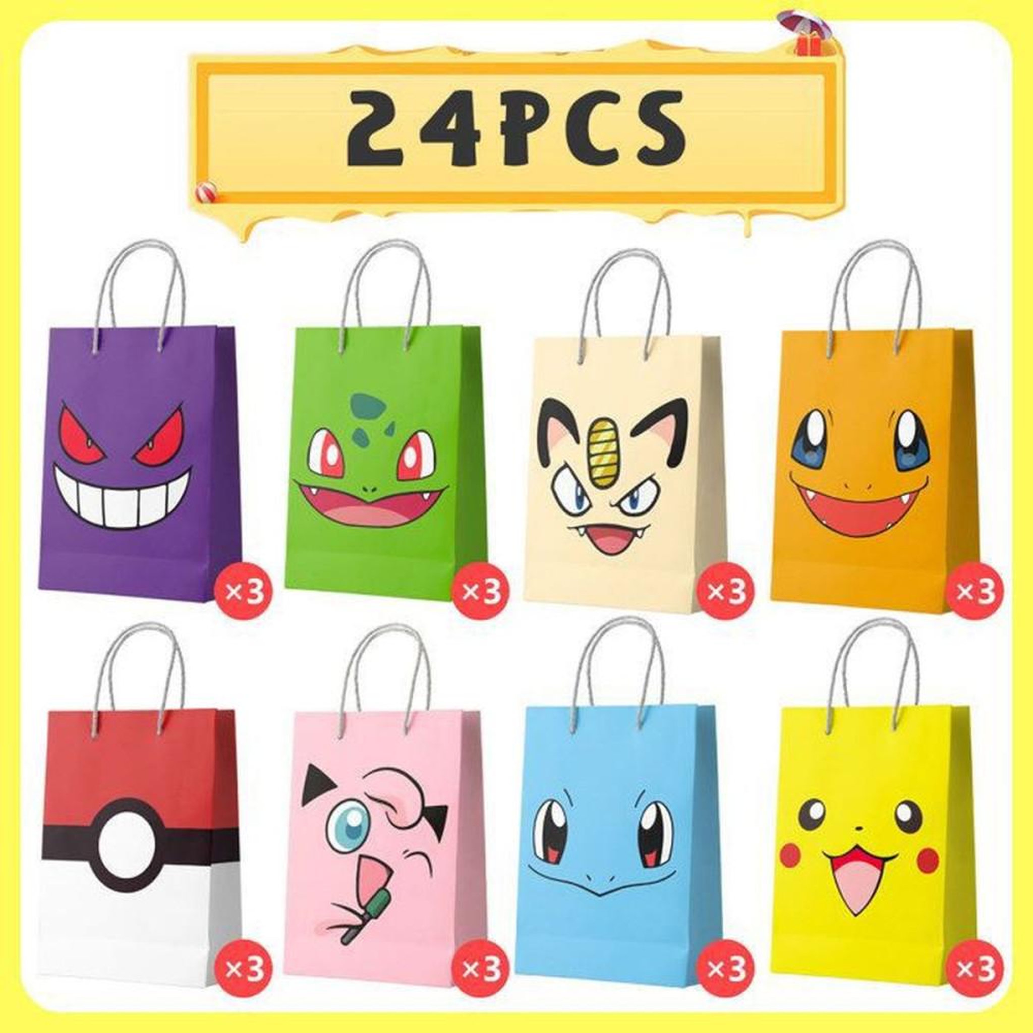 Voir la diapositive 6 : Sacs cadeaux en papier Pikachu (Pokémon) – lot de 24 multicolores avec anses
