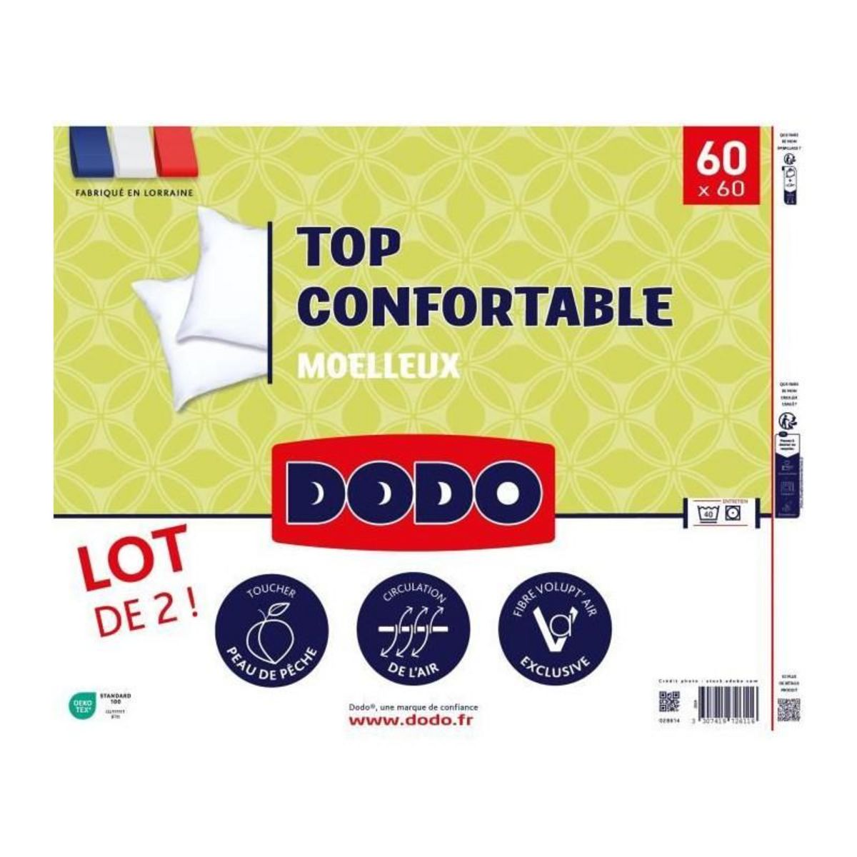 DODO DODO - Lot de 2 Oreillers - Confortable - 60 x 60 cm - 100% Polyester VOLUPT'AIR - Blanc