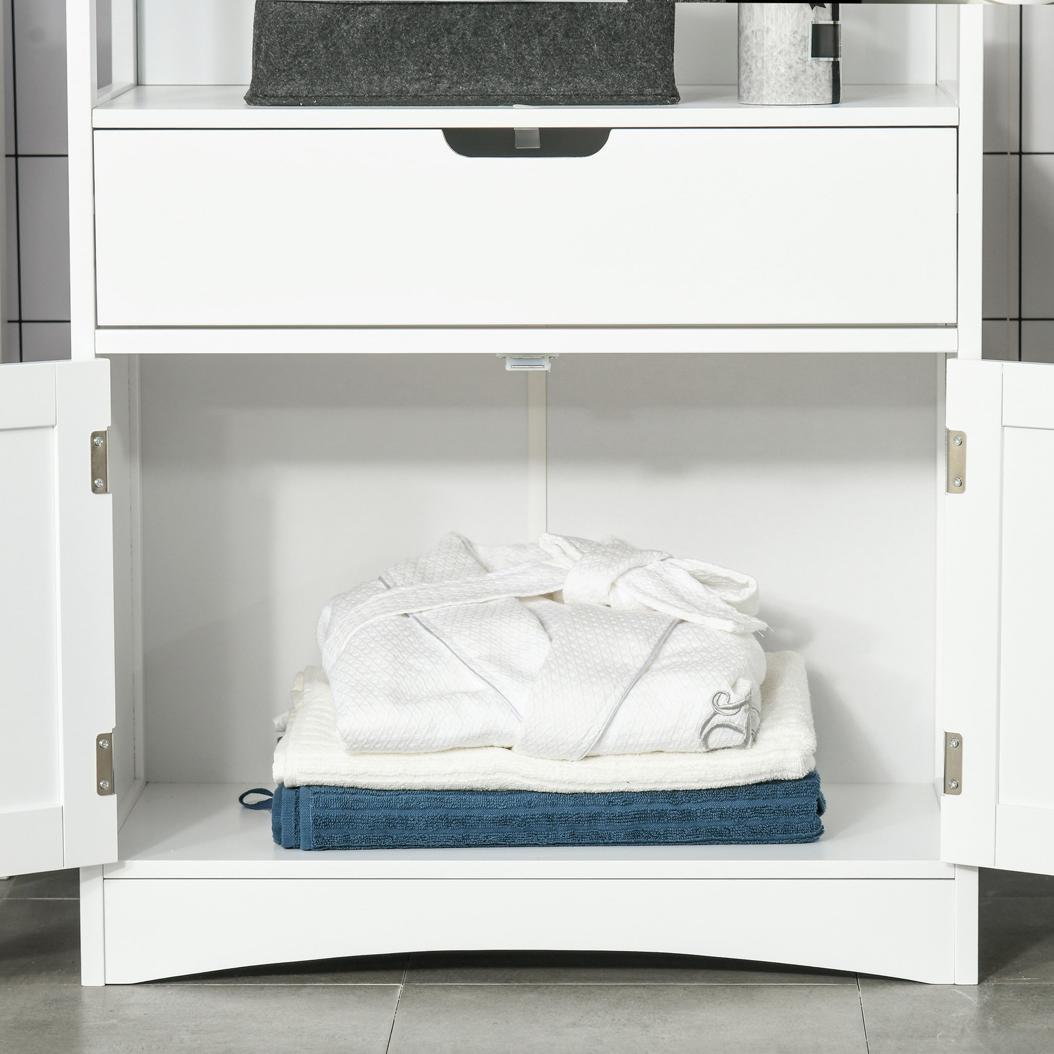 Voir la diapositive 6 : KLEANKIN Meuble de rangement salle de bain - 2 portes, tiroir, 3 étagères - dim. 60L x 33l x 122H cm - MDF blanc