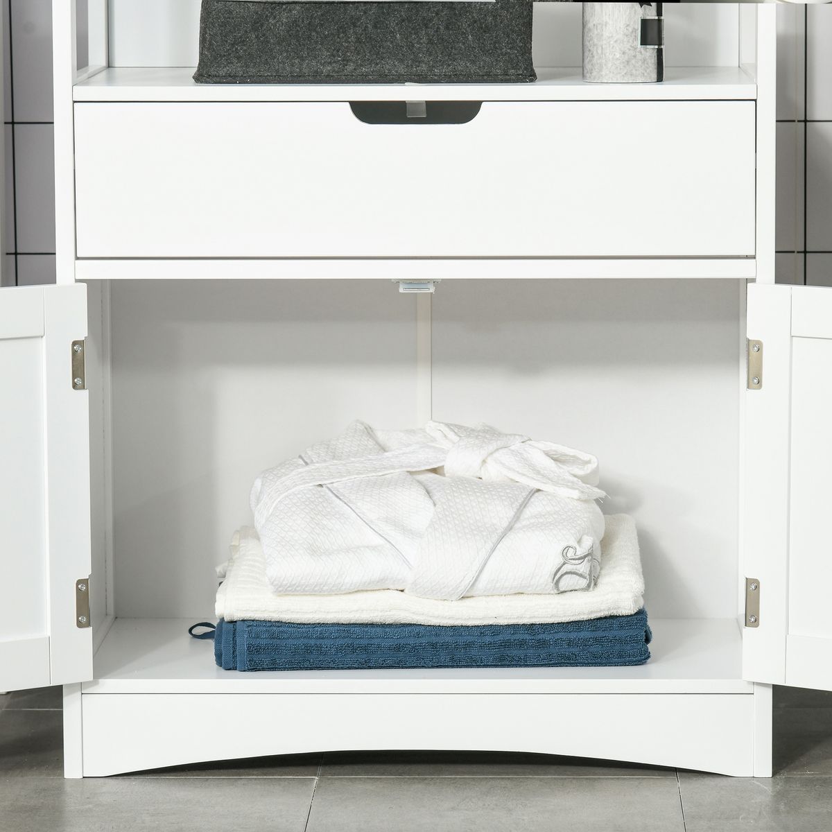 KLEANKIN Meuble de rangement salle de bain - 2 portes, tiroir, 3 étagères - dim. 60L x 33l x 122H cm - MDF blanc