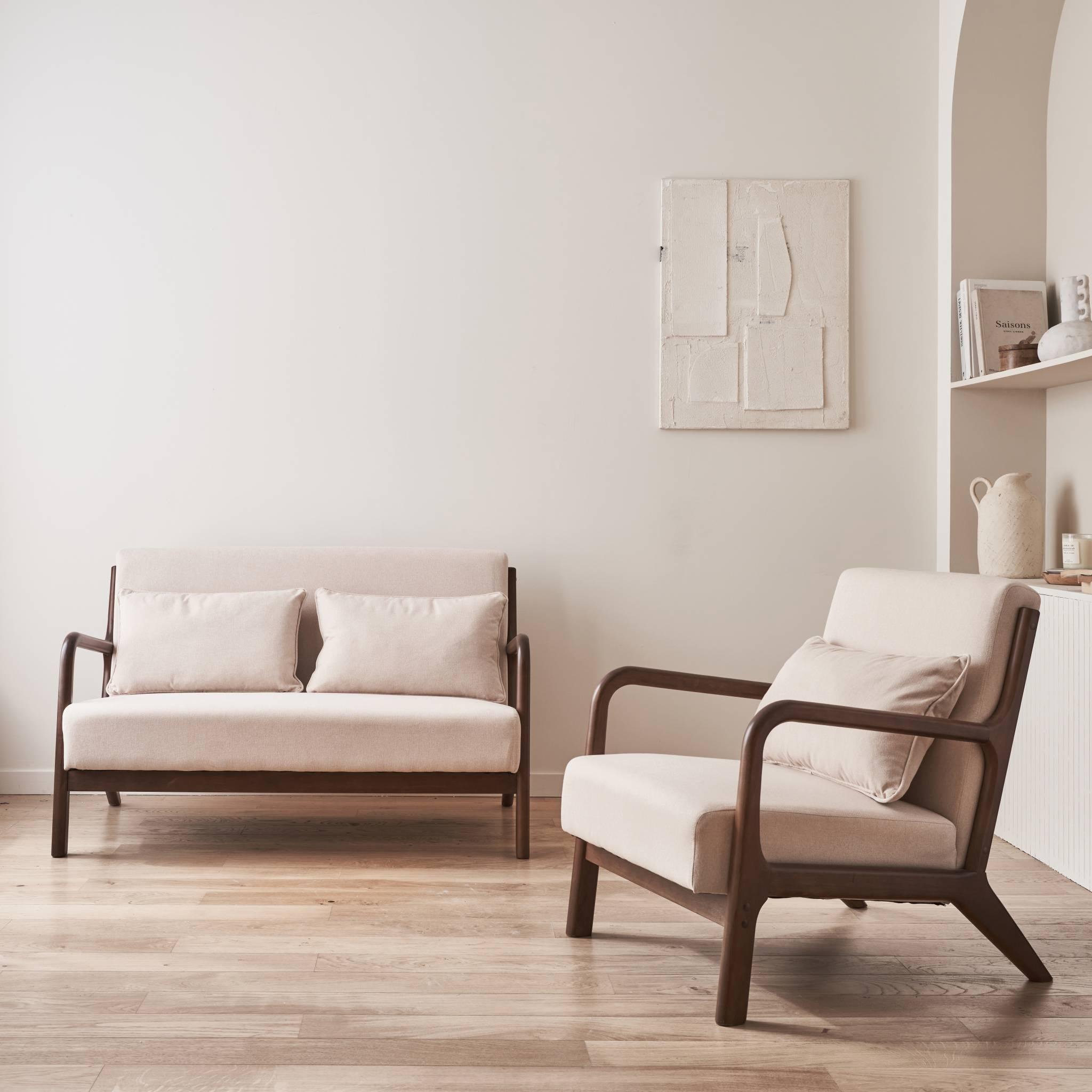 Voir la diapositive 2 : SWEEEK Banquette 2 places + Fauteuil en bois et tissu beige. bois d'hévéa teinté noyer clair